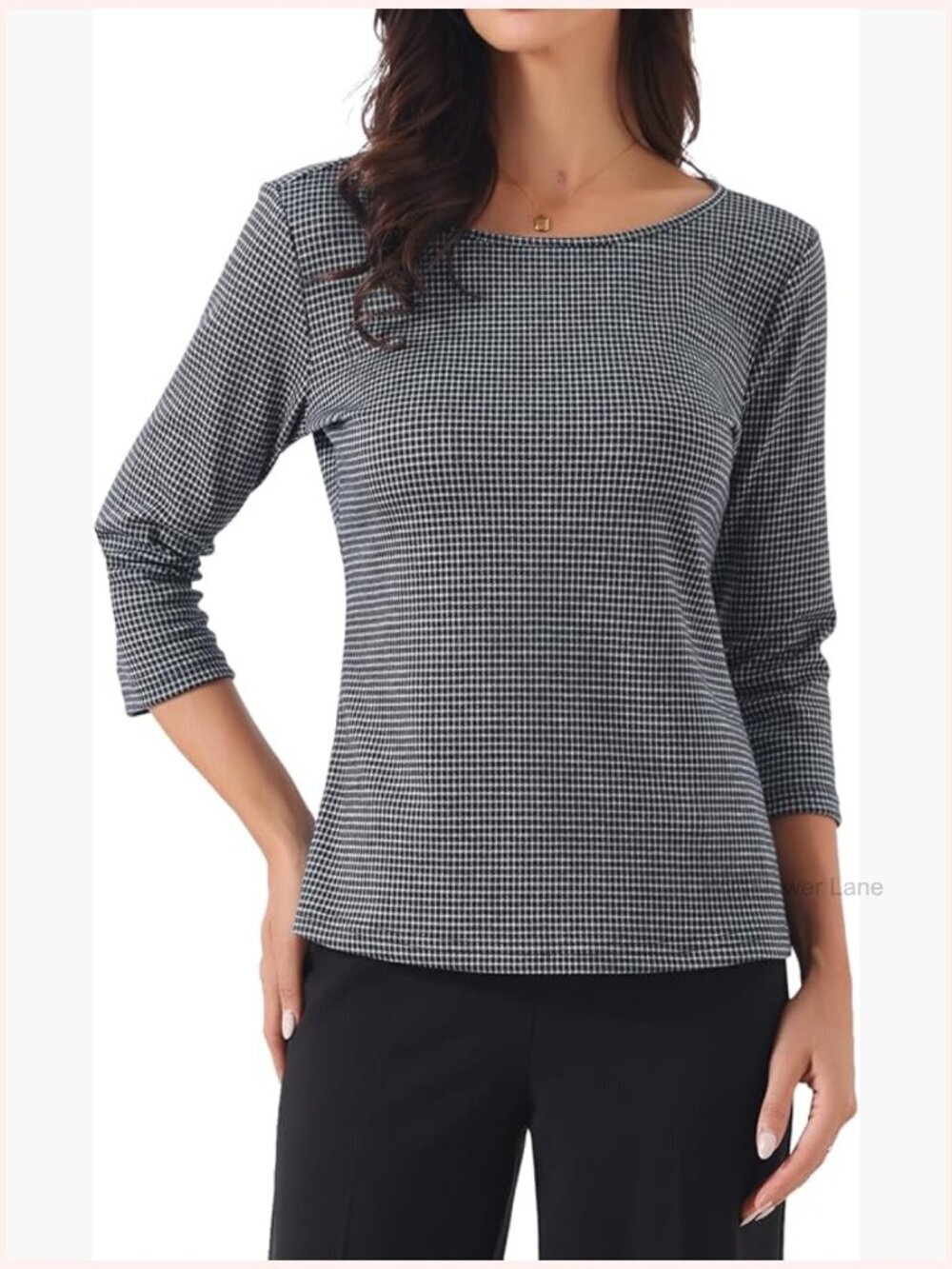 Women's Check Boat Neck Blouse 3/4 Sleeve Houndstooth Work Top